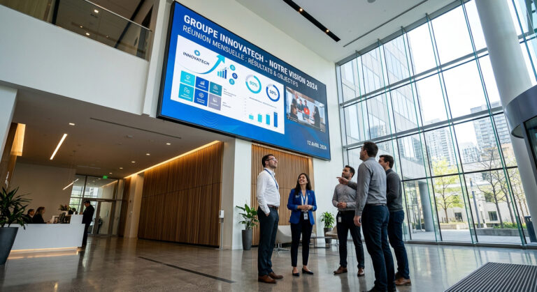 écran géant LED mural dans un hall d'entreprise avec des salariés qui discutent dont un regarde l'écran