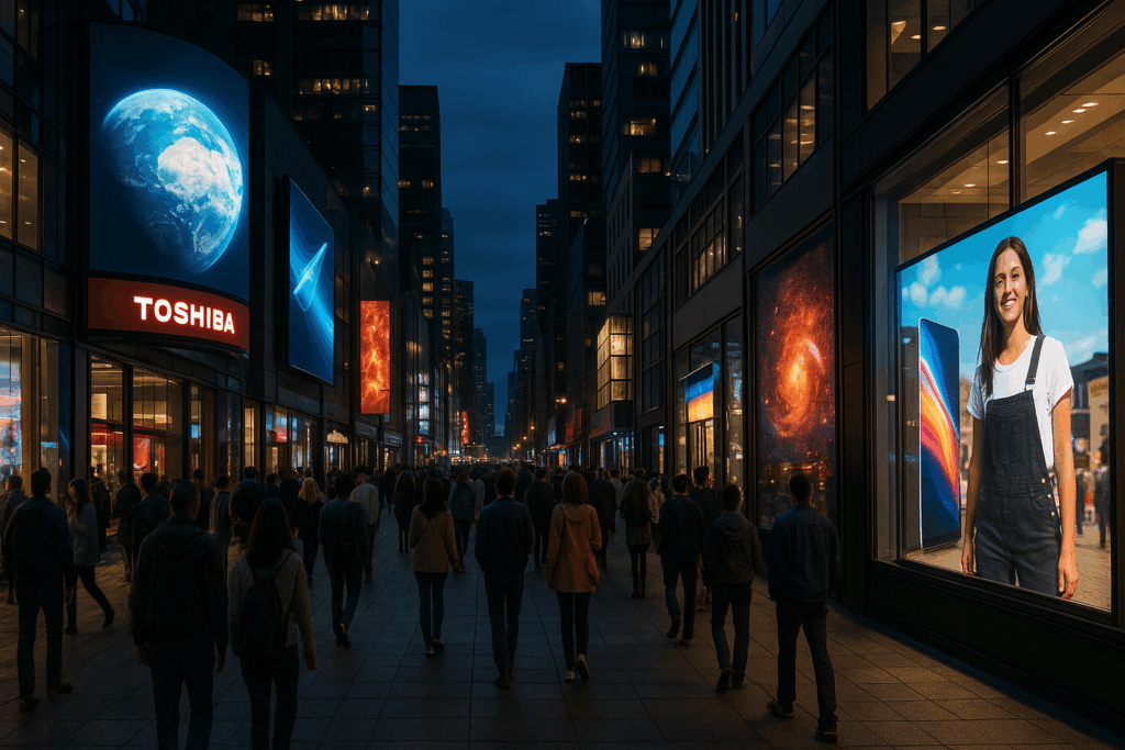 Rue piétons commerçante avec des écrans LED extérieurs et en vitrine