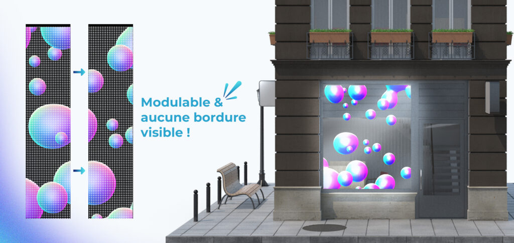 Visuel explicatif, fonctionnement et installation d'un écran transparent LED  sur une vitrine 