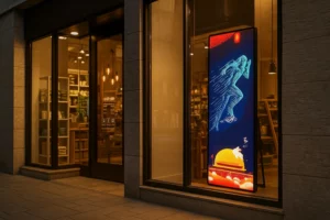Image d'un totem LED en vitrine d'un commerce de ville IA
