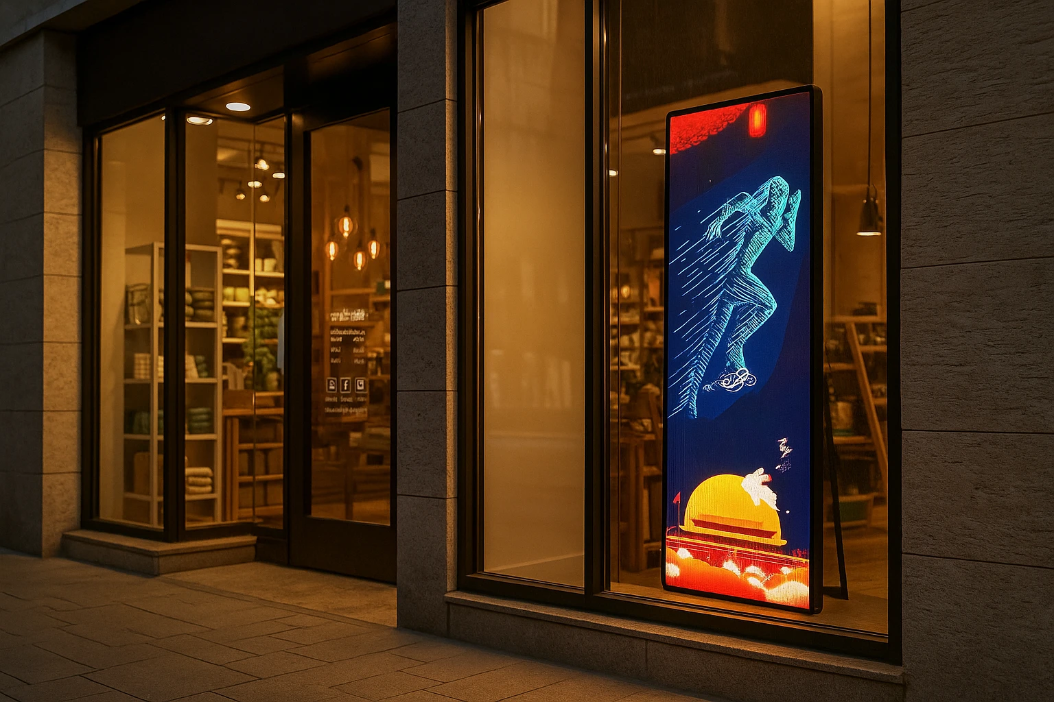 Image d'un totem numérique LED en vitrine d'un commerce de ville IA