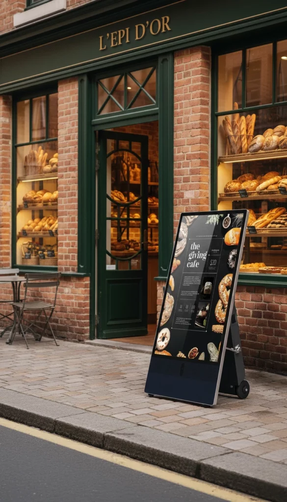 Chevalet numérique devant une boulangerie