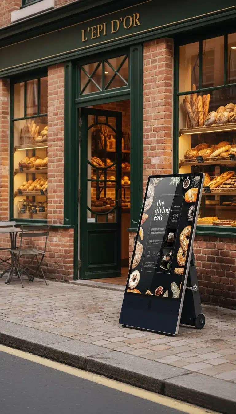 Chevalet numérique devant une boulangerie