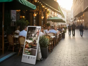 Stop Trottoir numérique LED en terrasse de restaurant IA