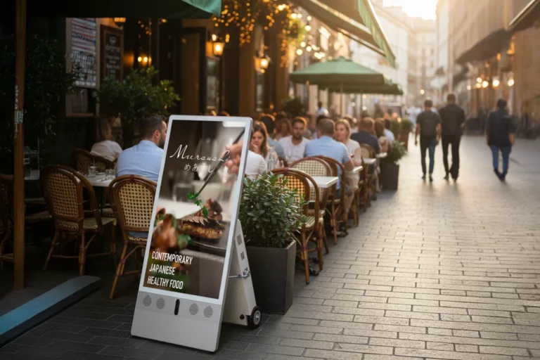 Stop Trottoir numérique LED en terrasse de restaurant IA
