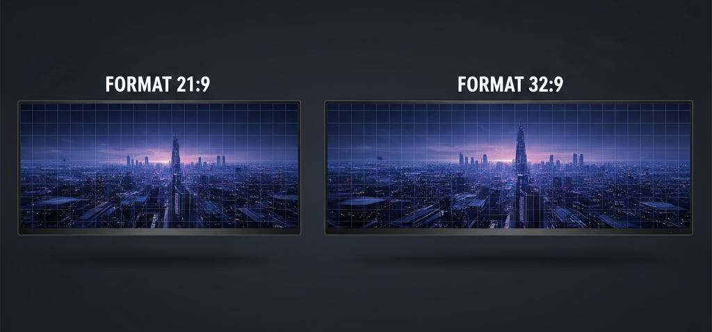 image comparative entre le format 21: 9 et le format 32:9 pour aider à comprendre les format dans les écrans LED panoramiques 