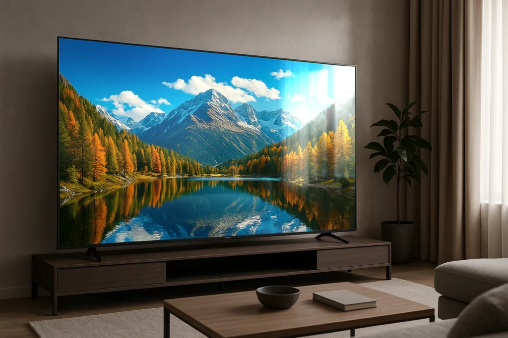 écran OLED 98 pouces avec un reflet sur la dalle dans un salon
