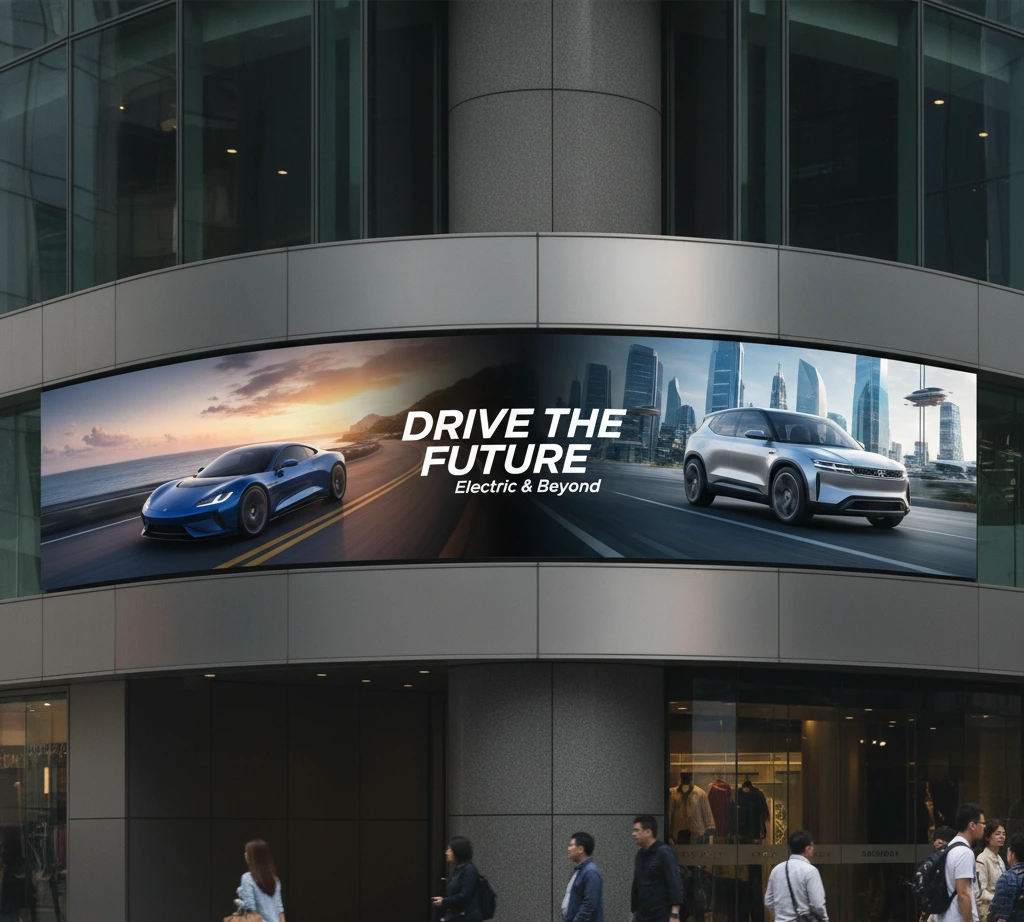  Écran LED géant panoramique sur une façade de bâtiment qui affiche une communication pour vendre des voitures
