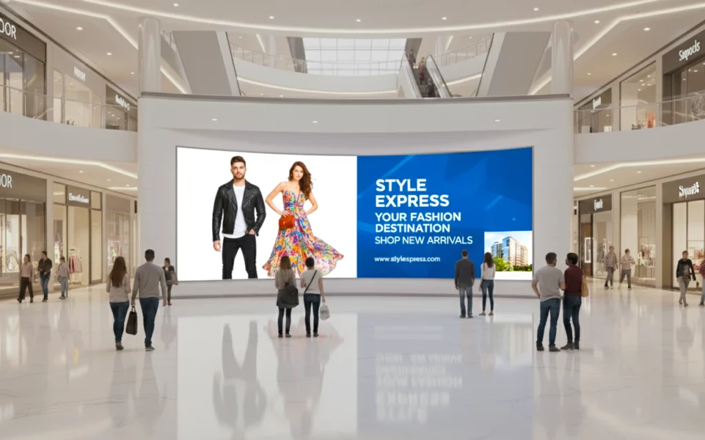 Ecran géant led panoramique installé dans un centre commerciale dans le hall