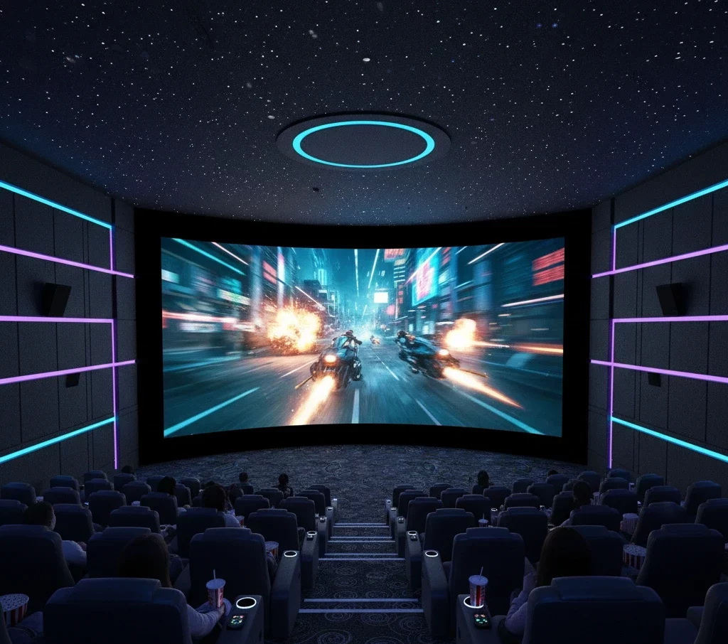 ecran geant LED panoramique pour une salle de cinema dans une grande ville qui affiche un film d'action 