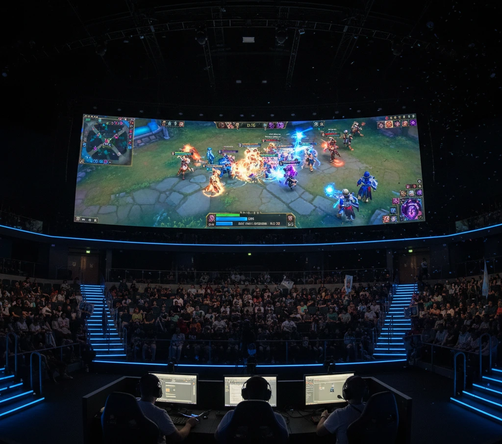 écran géant LED panoramique qui rediffuse une compétition professionnelle  de E-sport type league of Legend 