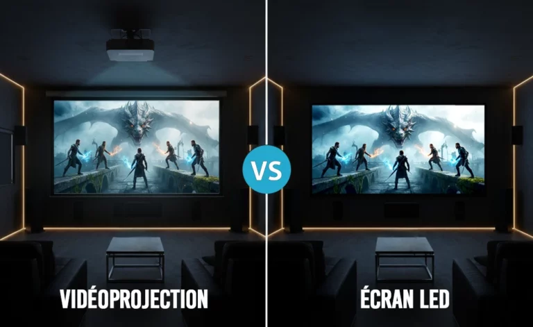 illustration comparative écran home cinema entre écran de projection et écran LED