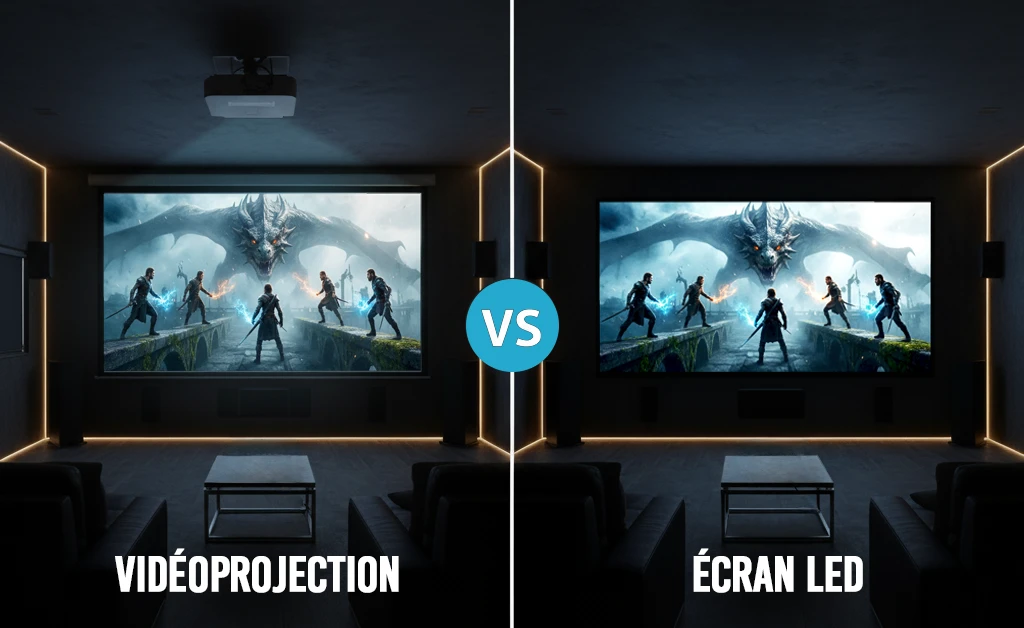 illustration comparative écran home cinema entre écran de projection et écran LED