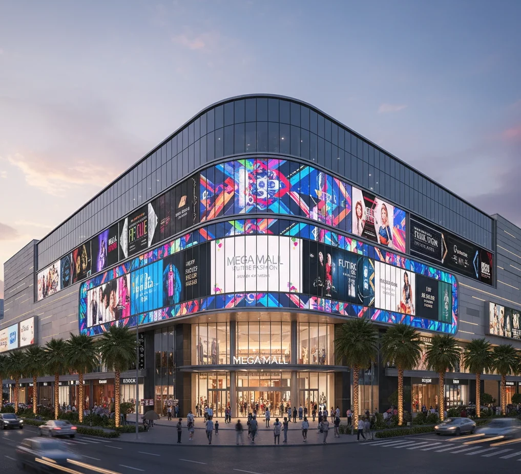 écran géant LED panoramique sur la façade d'un centre commercial en plein jour dans une grande ville