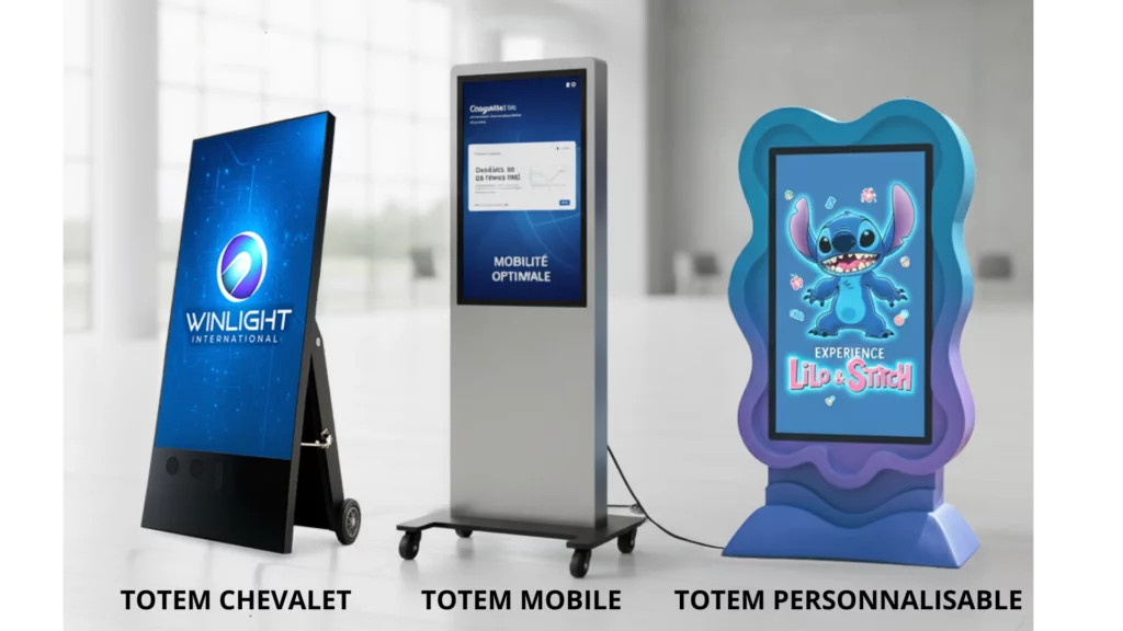 Comparatif visuel entre totem numérique chevalet, totem numérique mobile et totem numérique personnalisable IA