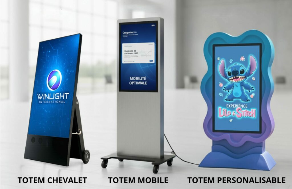 Comparatif visuel entre totem numérique chevalet, totem numérique mobile et totem numérique personnalisable IA