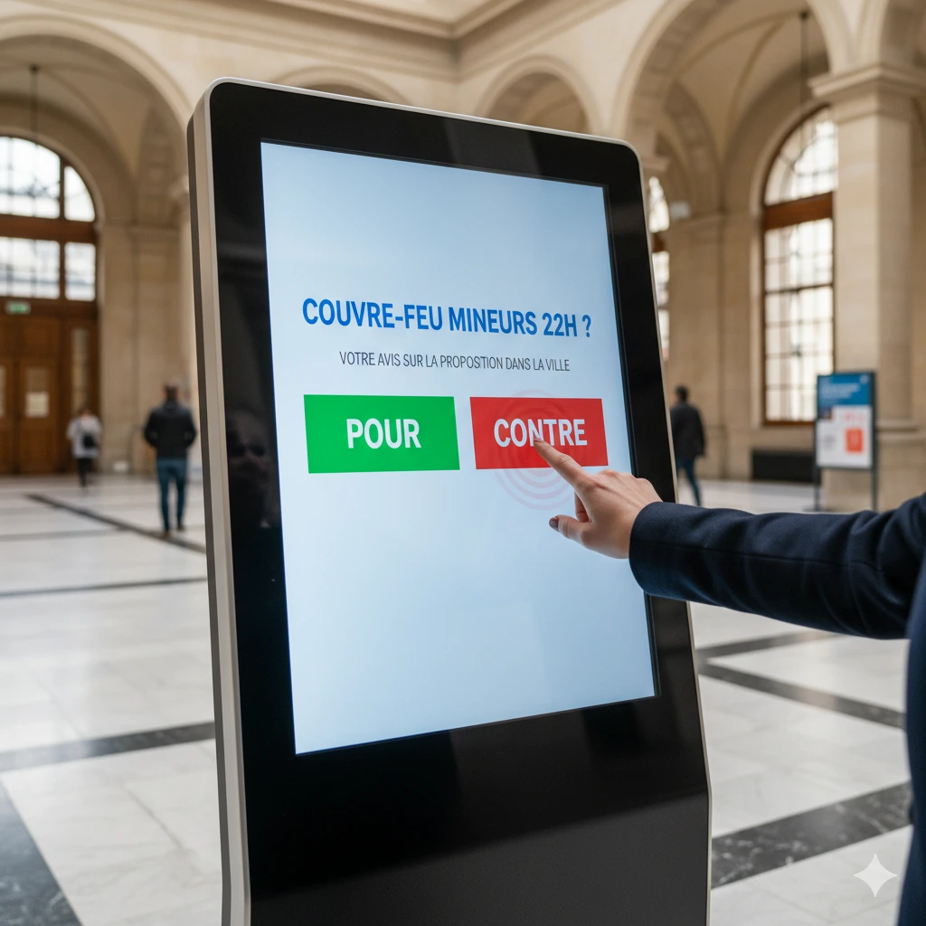 totem numérique tactile qui propose un vote démocratique dans une mairie ia