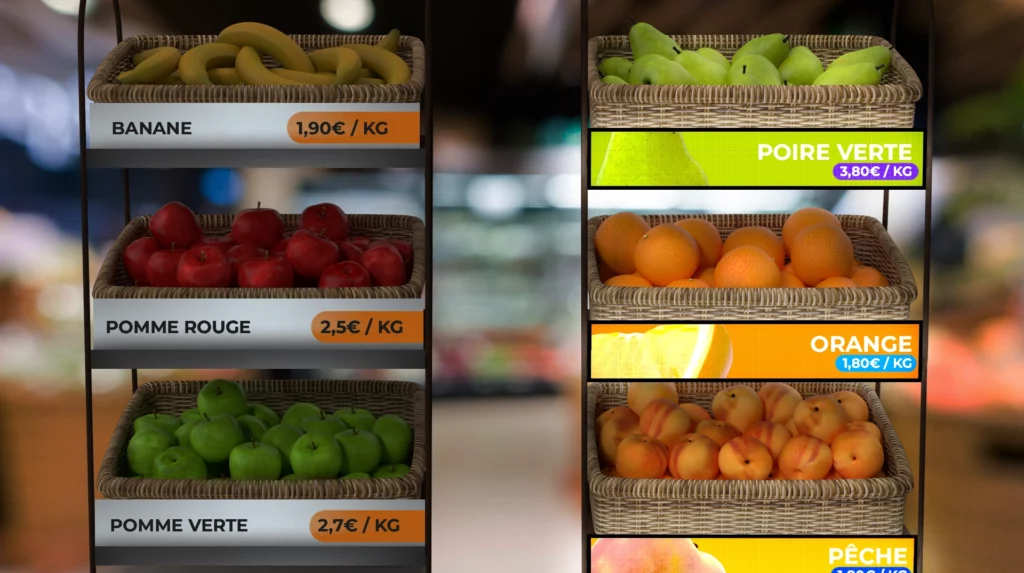 PLV dynamique type étiquette vidéo comparatif avec étiquette papier