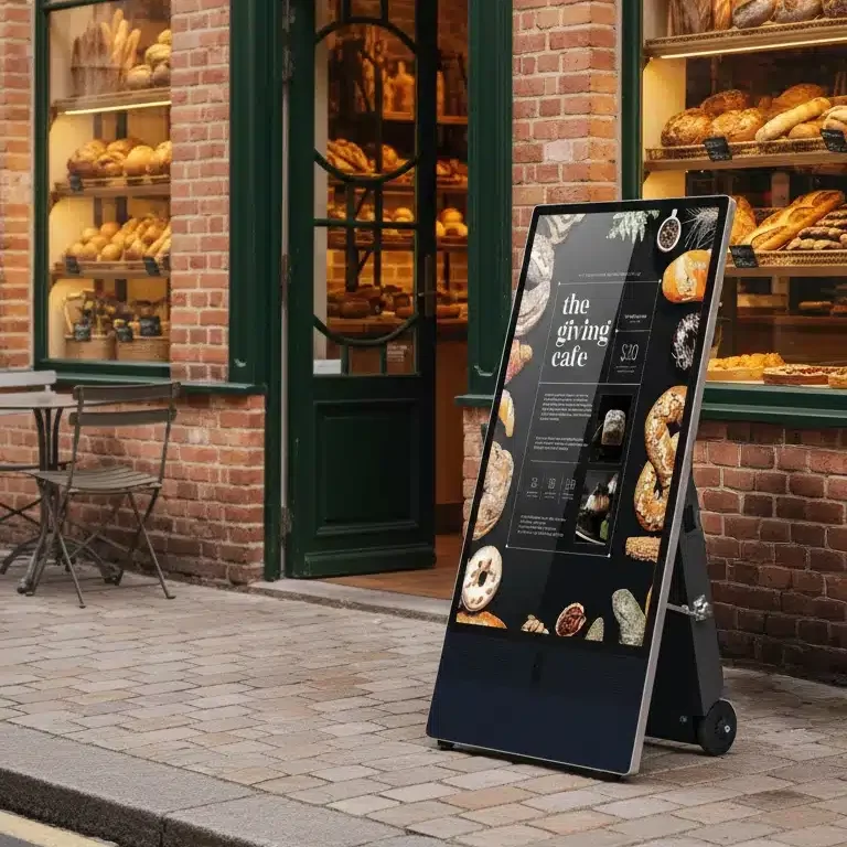 Chevalet numérique/PLV dynamique devant une boulangerie
