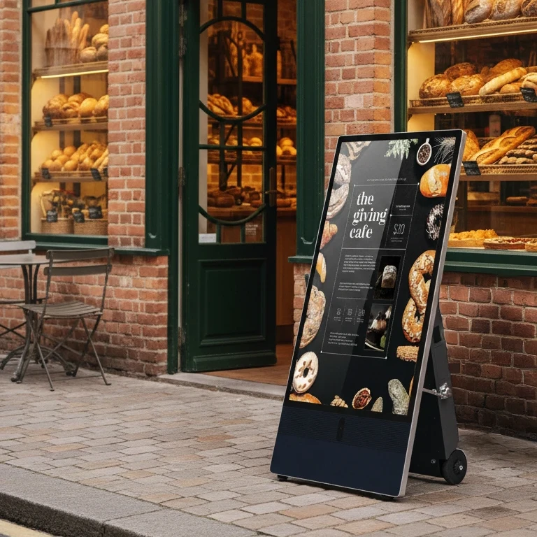 Chevalet numérique devant une boulangerie