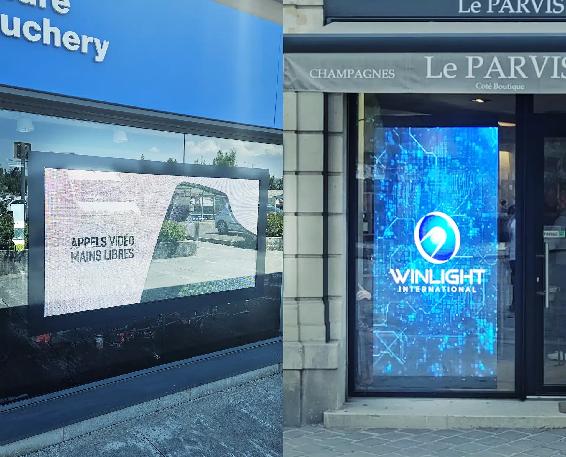 Comparaison de deux photos d'écrans en vitrine ente le format portrait et paysage