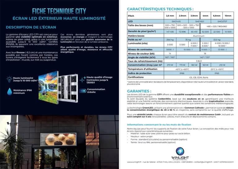 exemple de fichet technique d'un écran LED winlight
