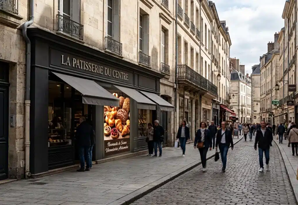 photo d'un écran LED en facade d'une boulangerie dans une rue piétonne