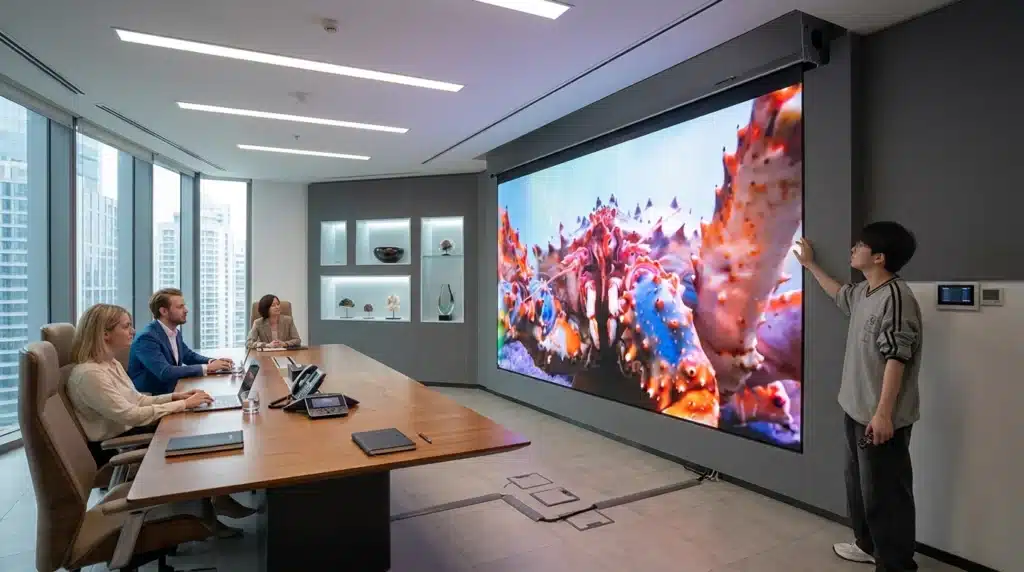 visuel d'illustation d'un Ecran enroulable utilisé en salle de réunion - image IA